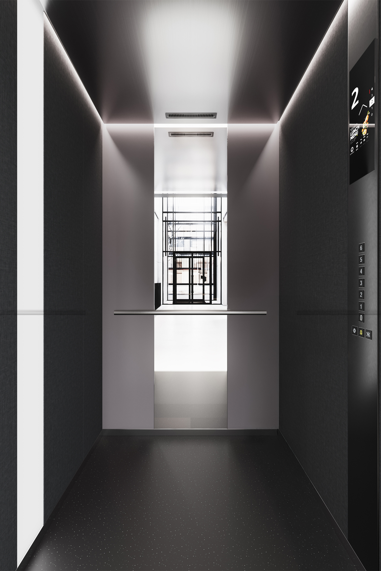 Interior view of a modern elevator cabin with digital floor display