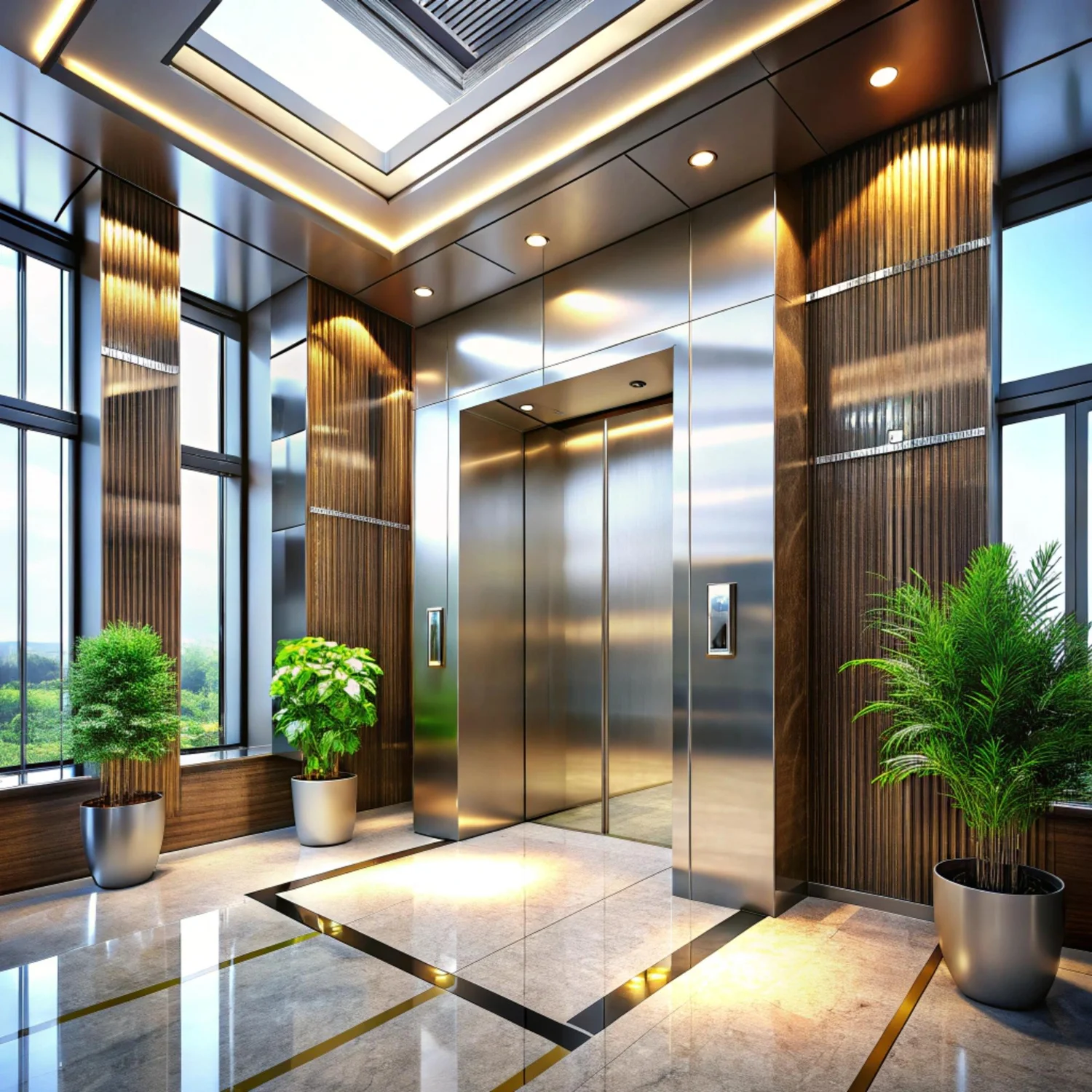 Passenger elevator in a marble lobby with brushed steel and gold finish