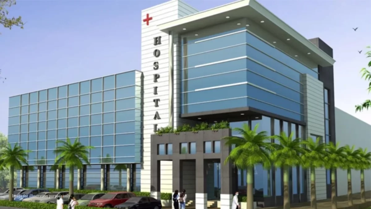 Multi-speciality hospital building exterior with glass facade