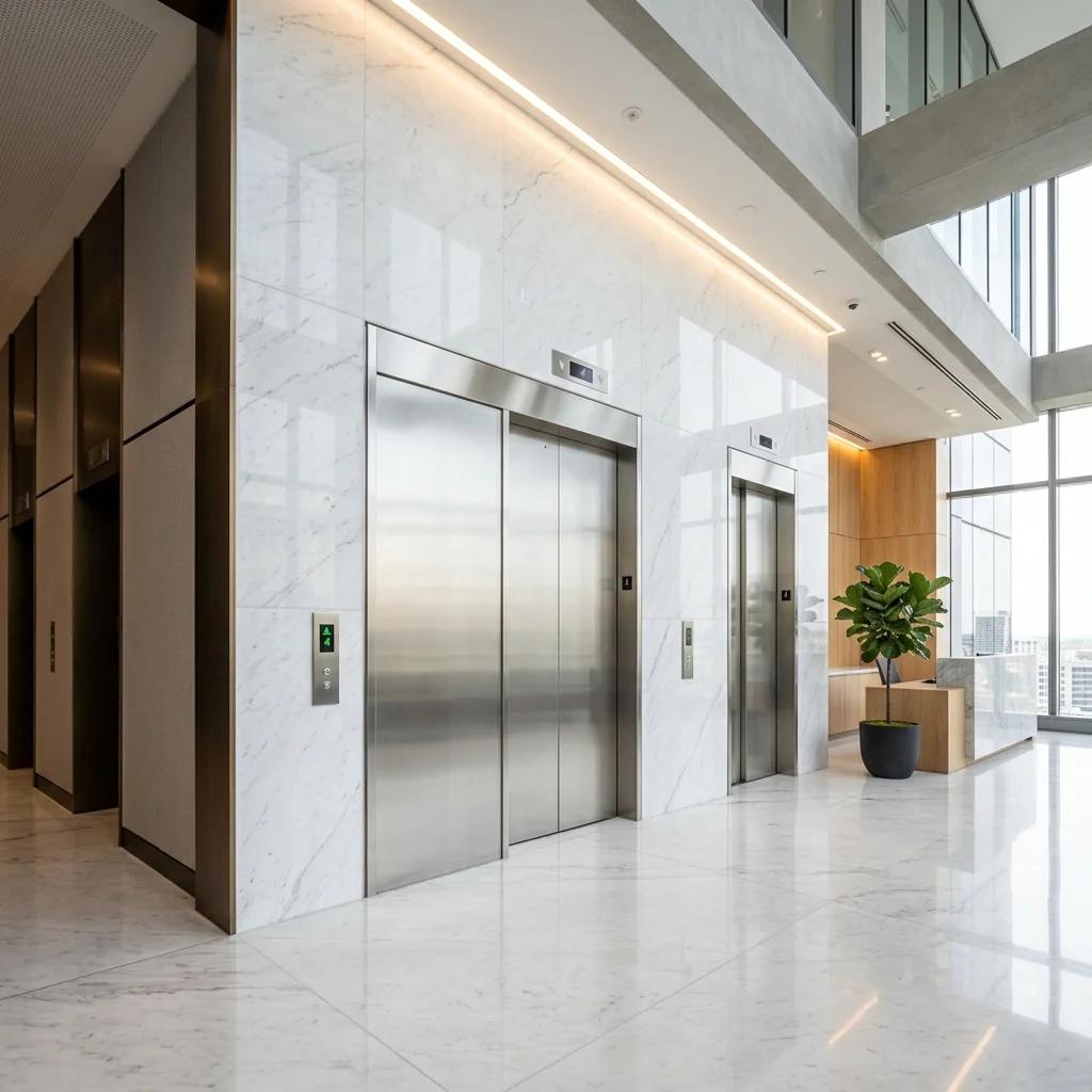 IT park reception with white marble walls and twin elevators