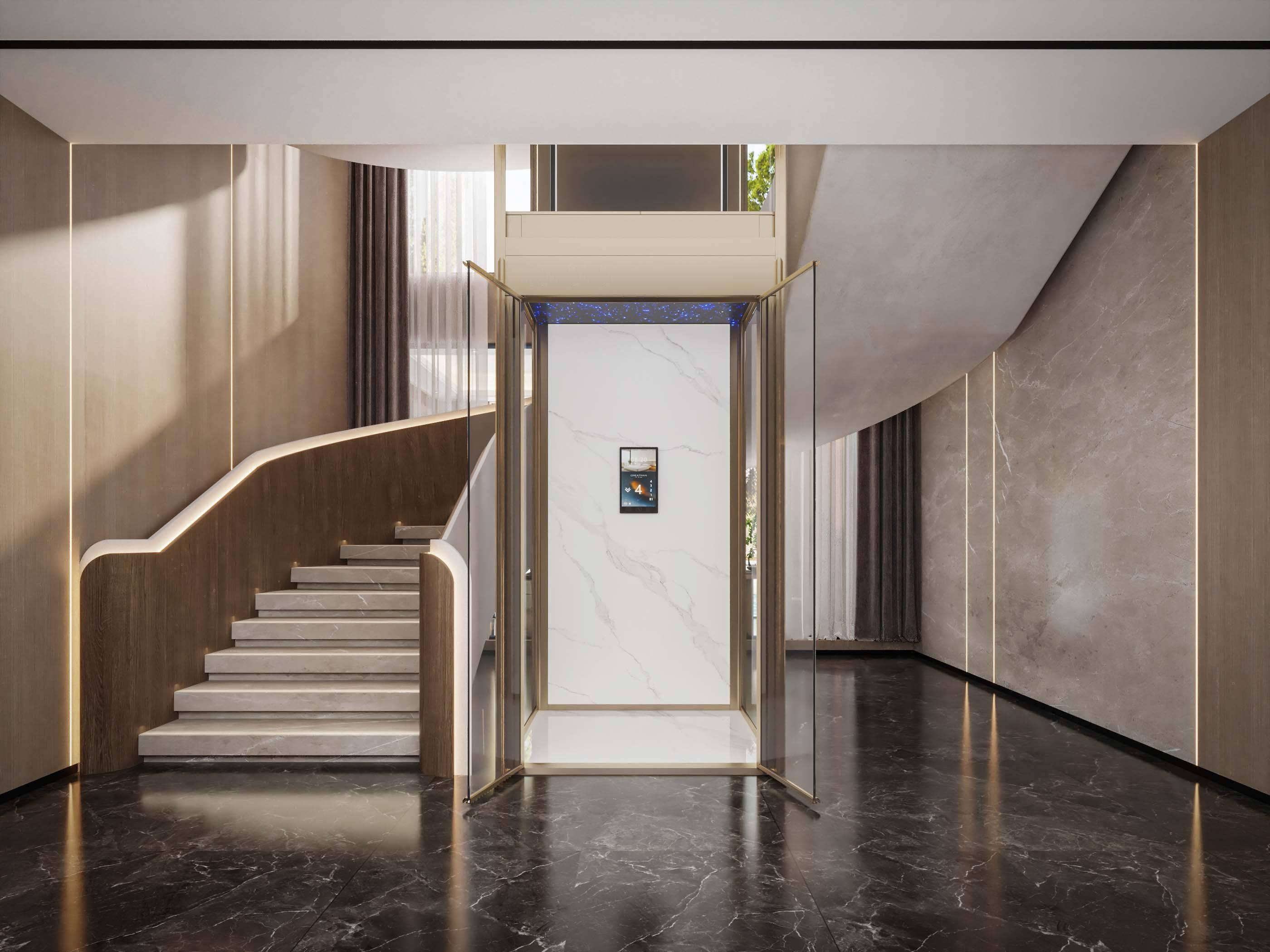 Private villa staircase with a compact gold-framed glass home elevator
